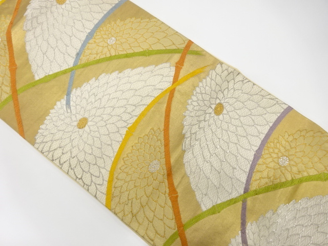 アンティーク 竹青海波に万寿菊模様織出し袋帯（材料）：リサイクル